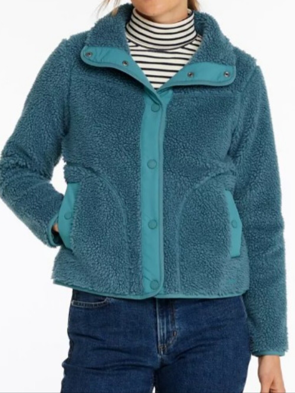 NWT L.L.Bean Teal Sherpa Fleece Jacket High Stand Collar Snap Placket